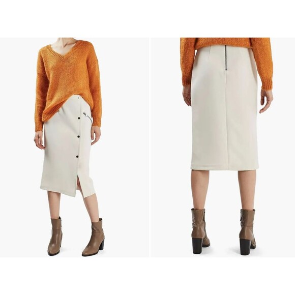 TOPSHOP Snap & Zip Midi Sz 6 Cream Moto Skirt Work Career Luxury Designer Slit - Picture 2 of 10